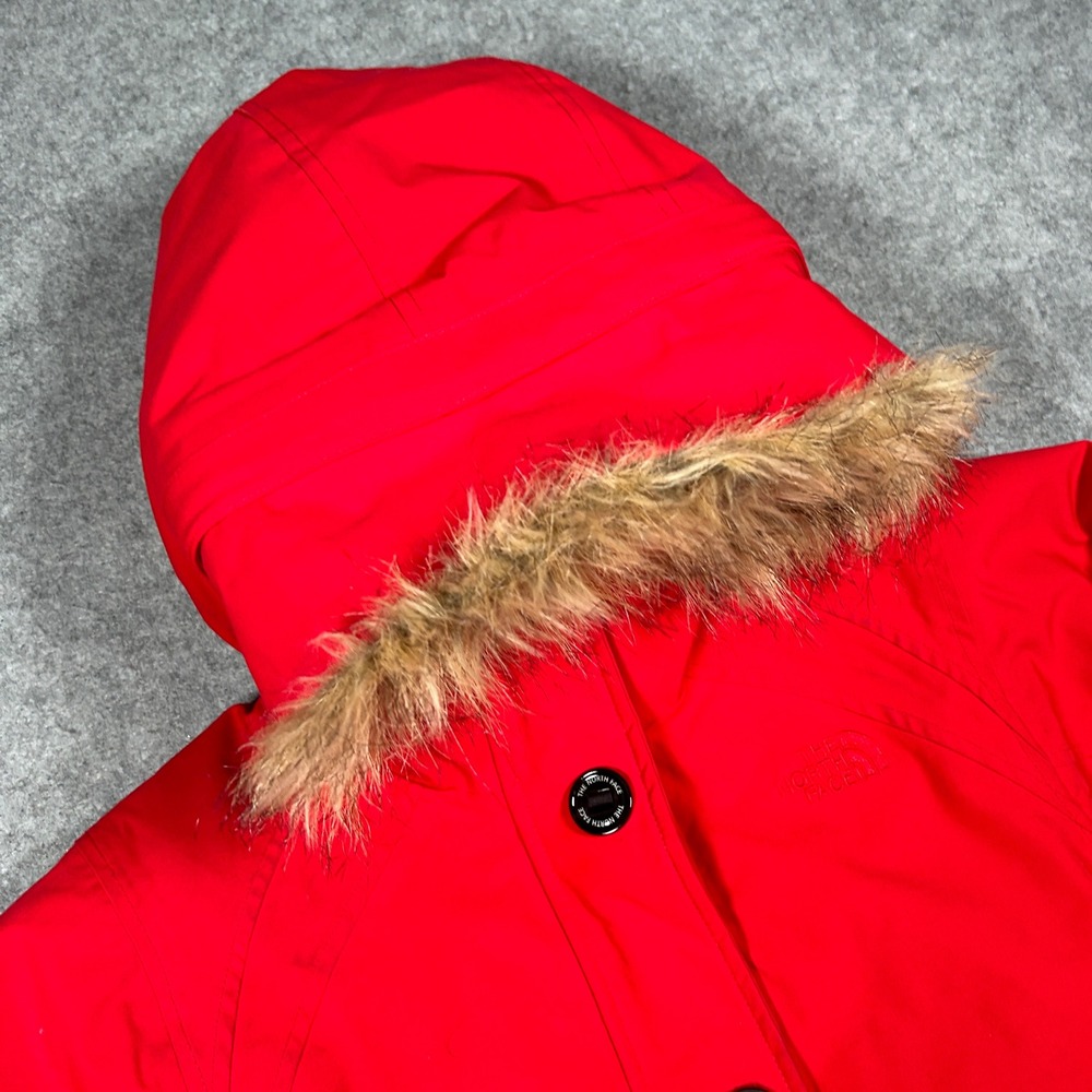 The North Face‎ jacket Womens Small Red hooded fur Down Insulated puffer quilt - Picture 3 of 16